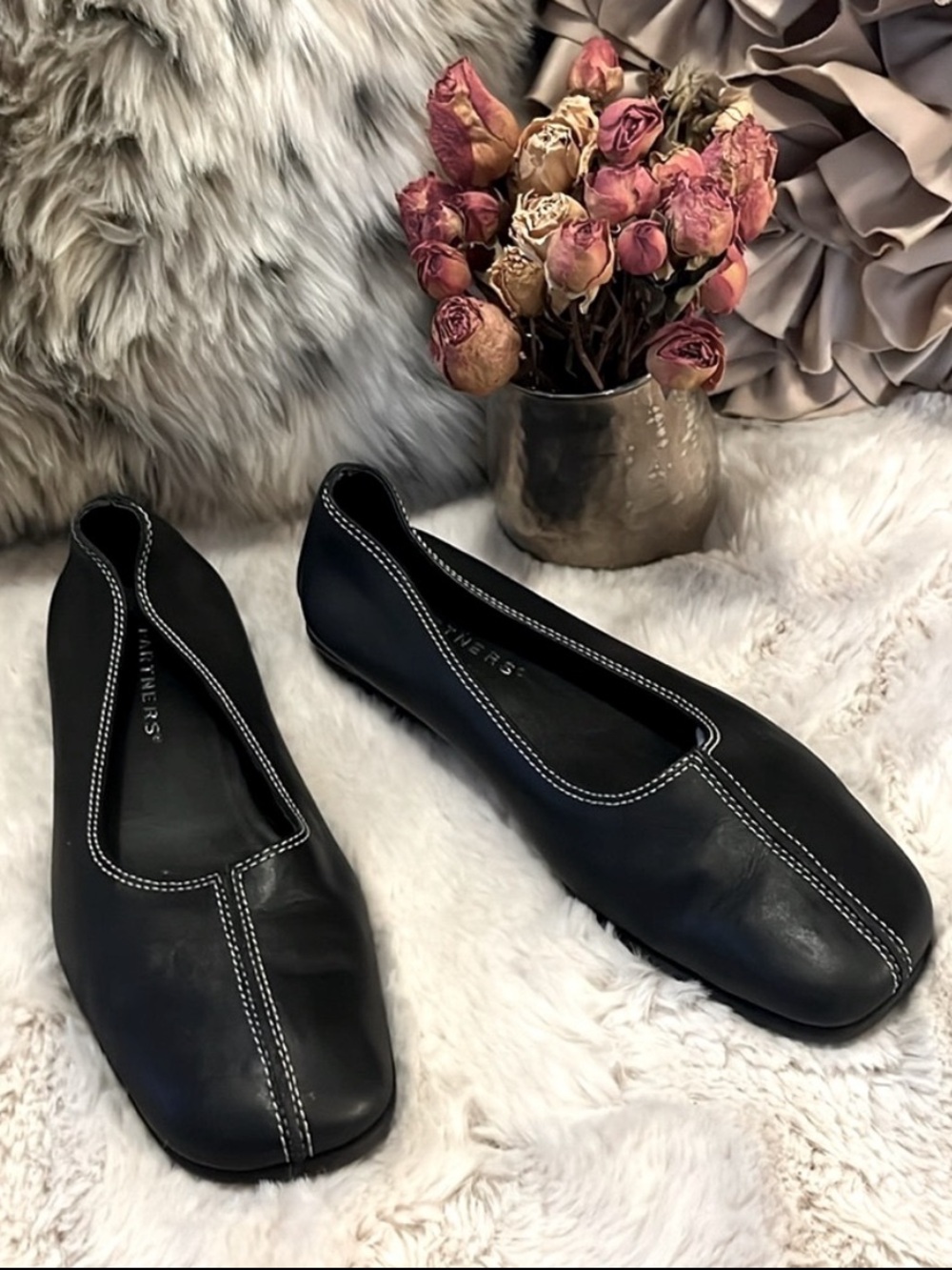 Partners Black Leather Low Wedge Square Toe Ballet Style Slip on Retro Shoes 7.5